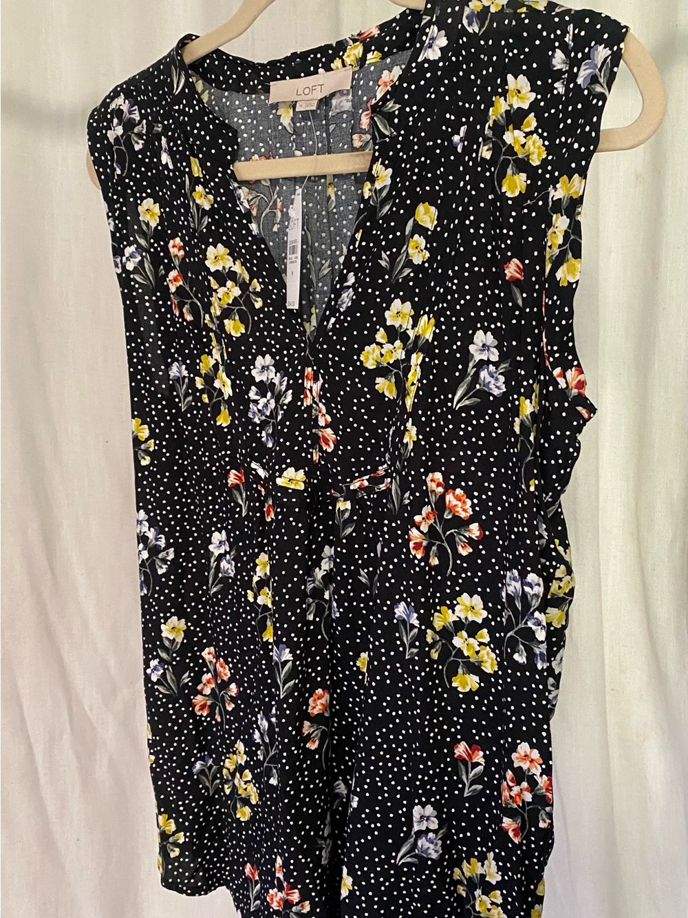LOFT Black Floral Polka Dot Sleeveless V-Neck Top